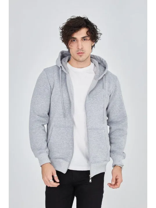 Erkek Kapüşonlu Düz Fermuarlı  Üç İplik Pamuklu Hırka - Gri