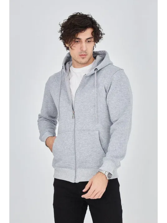 Erkek Kapüşonlu Düz Fermuarlı  Üç İplik Pamuklu Hırka - Gri