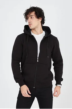 Erkek 3 İplik Pamuklu Fermuarlı Kapüşonlu Kanguru Cepli Hoodie Hırka Sweatshirt - Siyah