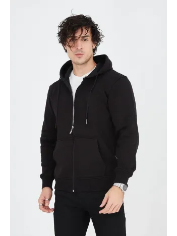 Erkek Kapüşonlu Düz Fermuarlı Hırka - Siyah Erkek Kapüşonlu Düz Fermuarlı Hırka - Siyah