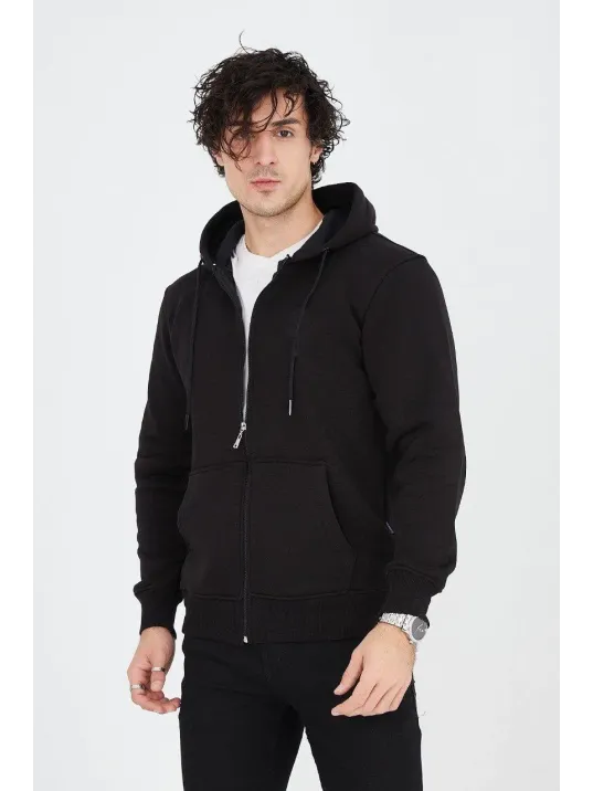 Erkek Kapüşonlu Düz Fermuarlı Hırka - Siyah Erkek Kapüşonlu Düz Fermuarlı Hırka - Siyah