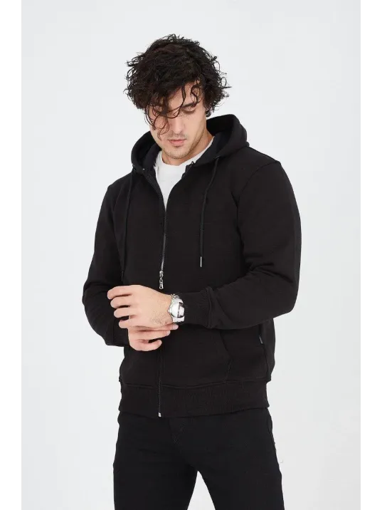 Erkek Kapüşonlu Düz Fermuarlı Hırka - Siyah Erkek Kapüşonlu Düz Fermuarlı Hırka - Siyah