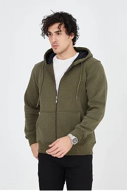 Erkek 3 İplik Pamuklu Fermuarlı Kapüşonlu Kanguru Cepli Hoodie Hırka Sweatshirt - Yeşil