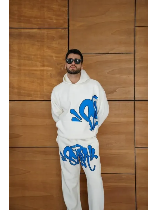 Erkek Kapüşonlu Eşofman Takım Graffiti Baskılı  Oversize Rahat Kalıp, Kanguru Cepli, Streetwear Tarzında Premium Ürün 3 iplik Pamuklu - Beyaz