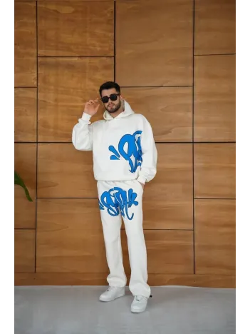 Erkek Kapüşonlu Eşofman Takım Graffiti Baskılı  Oversize Rahat Kalıp, Kanguru Cepli, Streetwear Tarzında Premium Ürün 3 iplik Pamuklu - Beyaz