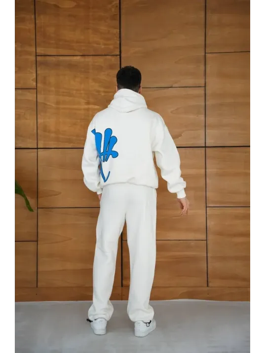 Erkek Kapüşonlu Eşofman Takım Graffiti Baskılı  Oversize Rahat Kalıp, Kanguru Cepli, Streetwear Tarzında Premium Ürün 3 iplik Pamuklu - Beyaz