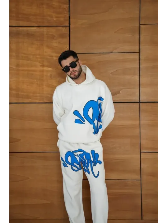 Erkek Kapüşonlu Eşofman Takım Graffiti Baskılı  Oversize Rahat Kalıp, Kanguru Cepli, Streetwear Tarzında Premium Ürün 3 iplik Pamuklu - Beyaz