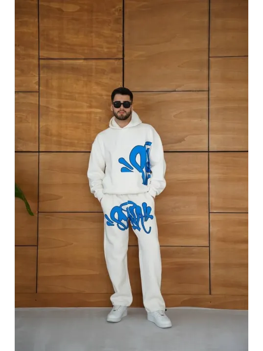 Erkek Kapüşonlu Eşofman Takım Graffiti Baskılı  Oversize Rahat Kalıp, Kanguru Cepli, Streetwear Tarzında Premium Ürün 3 iplik Pamuklu - Beyaz