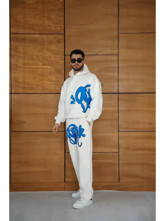 Erkek Kapüşonlu Eşofman Takım Graffiti Baskılı  Oversize Rahat Kalıp, Kanguru Cepli, Streetwear Tarzında Premium Ürün 3 iplik Pamuklu - Beyaz
