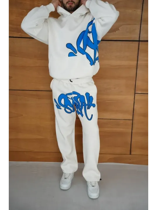 Erkek Kapüşonlu Eşofman Takım Graffiti Baskılı  Oversize Rahat Kalıp, Kanguru Cepli, Streetwear Tarzında Premium Ürün 3 iplik Pamuklu - Beyaz Erkek Kapüşonlu Eşofman Takım Graffiti Baskılı  Oversize Rahat Kalıp, Kanguru Cepli, Streetwear Tarzında Premium Ürün 3 iplik Pamuklu - Beyaz