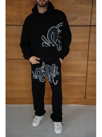 Erkek Kapüşonlu Eşofman Takım Graffiti Baskılı Oversize Rahat Kalıp, Kanguru Cepli, Streetwear Tarzında Premium Ürün 3 iplik Pamuklu - Siyah Erkek Kapüşonlu Eşofman Takım Graffiti Baskılı Oversize Rahat Kalıp, Kanguru Cepli, Streetwear Tarzında Premium Ürün 3 iplik Pamuklu - Siyah