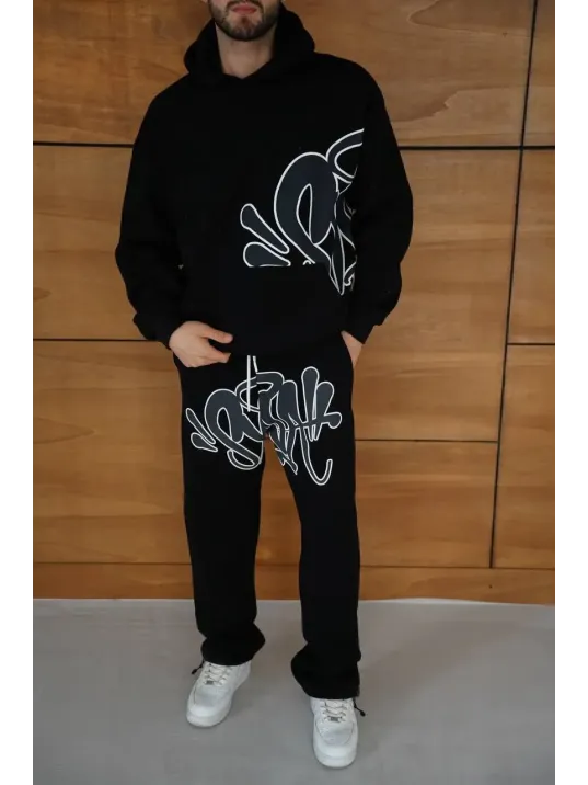 Erkek Kapüşonlu Eşofman Takım Graffiti Baskılı Oversize Rahat Kalıp, Kanguru Cepli, Streetwear Tarzında Premium Ürün 3 iplik Pamuklu - Siyah Erkek Kapüşonlu Eşofman Takım Graffiti Baskılı Oversize Rahat Kalıp, Kanguru Cepli, Streetwear Tarzında Premium Ürün 3 iplik Pamuklu - Siyah