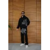 Erkek Kapüşonlu Eşofman Takım Graffiti Baskılı Oversize Rahat Kalıp, Kanguru Cepli, Streetwear Tarzında Premium Ürün 3 iplik Pamuklu - Siyah