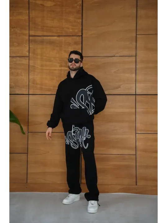Erkek Kapüşonlu Eşofman Takım Graffiti Baskılı Oversize Rahat Kalıp, Kanguru Cepli, Streetwear Tarzında Premium Ürün 3 iplik Pamuklu - Siyah