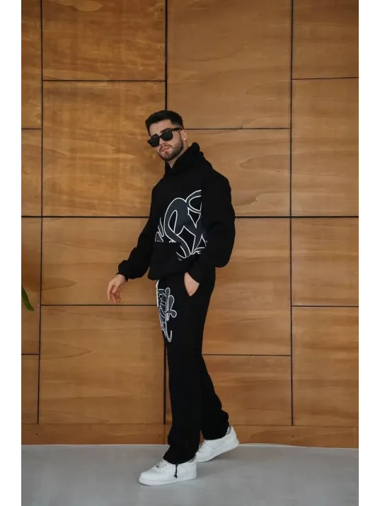 Erkek Kapüşonlu Eşofman Takım Graffiti Baskılı Oversize Rahat Kalıp, Kanguru Cepli, Streetwear Tarzında Premium Ürün 3 iplik Pamuklu - Siyah