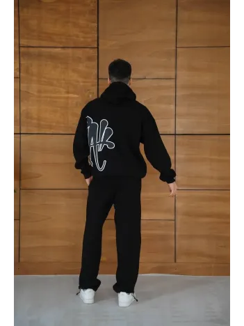 Erkek Kapüşonlu Eşofman Takım Graffiti Baskılı Oversize Rahat Kalıp, Kanguru Cepli, Streetwear Tarzında Premium Ürün 3 iplik Pamuklu - Siyah