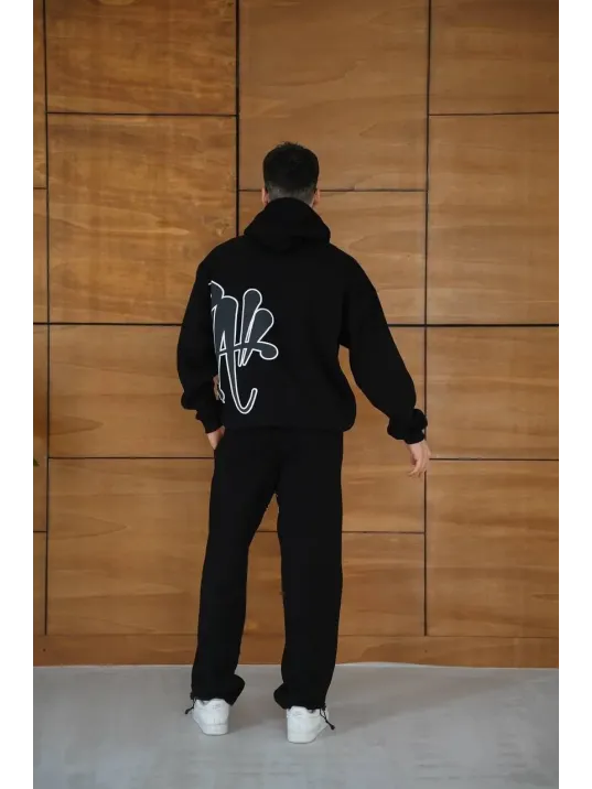 Erkek Kapüşonlu Eşofman Takım Graffiti Baskılı Oversize Rahat Kalıp, Kanguru Cepli, Streetwear Tarzında Premium Ürün 3 iplik Pamuklu - Siyah