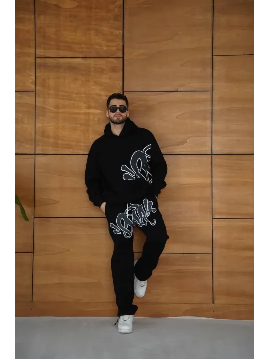 Erkek Kapüşonlu Eşofman Takım Graffiti Baskılı Oversize Rahat Kalıp, Kanguru Cepli, Streetwear Tarzında Premium Ürün 3 iplik Pamuklu - Siyah