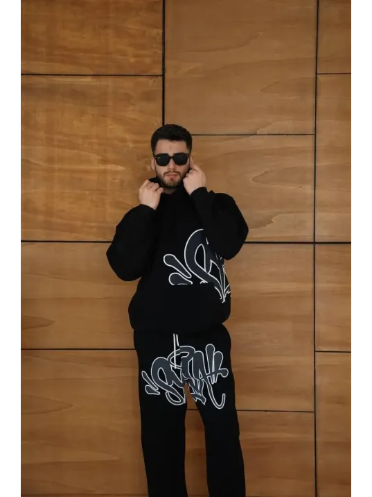 Erkek Kapüşonlu Eşofman Takım Graffiti Baskılı Oversize Rahat Kalıp, Kanguru Cepli, Streetwear Tarzında Premium Ürün 3 iplik Pamuklu - Siyah