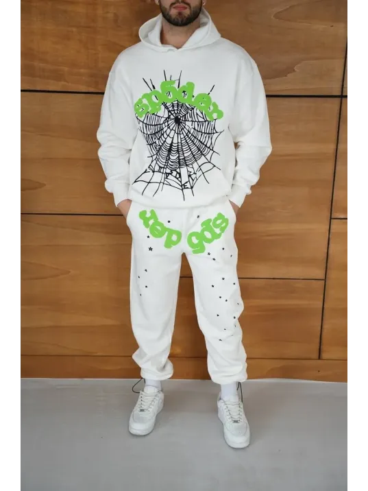 Erkek Kapüşonlu Eşofman Takım Örümcek Ağı ve Neon Yeşil Baskılı Kanguru cepli Oversize Rahat Kalıp, Premium Üç İplik Kumaş - Beyaz