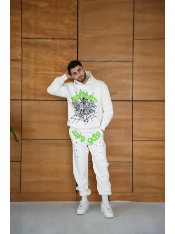 Erkek Kapüşonlu Eşofman Takım Örümcek Ağı ve Neon Yeşil Baskılı Kanguru cepli Oversize Rahat Kalıp, Premium Üç İplik Kumaş - Beyaz