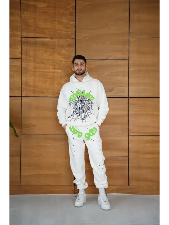 Erkek Kapüşonlu Eşofman Takım Örümcek Ağı ve Neon Yeşil Baskılı Kanguru cepli Oversize Rahat Kalıp, Premium Üç İplik Kumaş - Beyaz Erkek Kapüşonlu Eşofman Takım Örümcek Ağı ve Neon Yeşil Baskılı Kanguru cepli Oversize Rahat Kalıp, Premium Üç İplik Kumaş - Beyaz