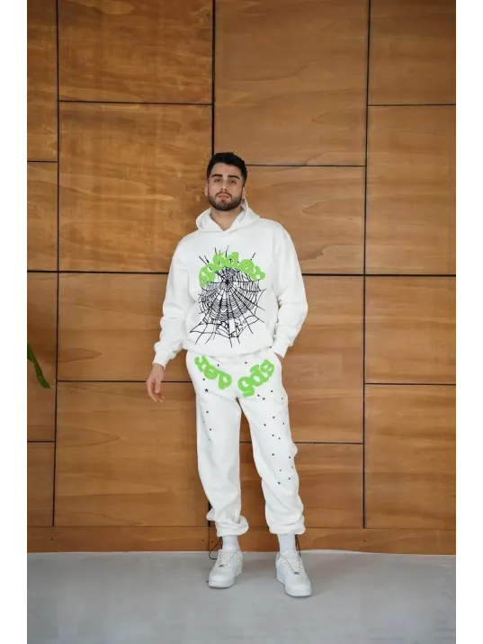 Erkek Kapüşonlu Eşofman Takım Örümcek Ağı ve Neon Yeşil Baskılı Kanguru cepli Oversize Rahat Kalıp, Premium Üç İplik Kumaş - Beyaz