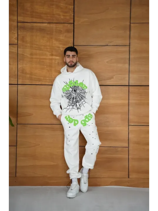 Erkek Kapüşonlu Eşofman Takım Örümcek Ağı ve Neon Yeşil Baskılı Kanguru cepli Oversize Rahat Kalıp, Premium Üç İplik Kumaş - Beyaz