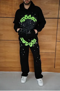 Erkek Kapüşonlu Eşofman Takım Örümcek Ağı Ve Neon Yeşil Baskılı Kanguru Cepli Oversize Rahat Kalıp, Premium Üç İplik Kumaş - Siyah
