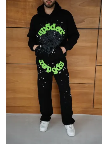 Erkek Kapüşonlu Eşofman Takım Örümcek Ağı ve Neon Yeşil Baskılı Kanguru cepli Oversize Rahat Kalıp, Premium Üç İplik Kumaş - Siyah Erkek Kapüşonlu Eşofman Takım Örümcek Ağı ve Neon Yeşil Baskılı Kanguru cepli Oversize Rahat Kalıp, Premium Üç İplik Kumaş - Siyah