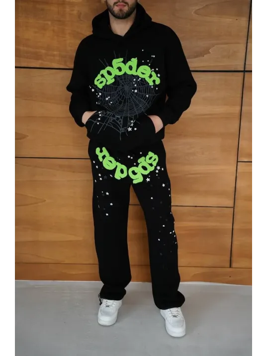 Erkek Kapüşonlu Eşofman Takım Örümcek Ağı ve Neon Yeşil Baskılı Kanguru cepli Oversize Rahat Kalıp, Premium Üç İplik Kumaş - Siyah Erkek Kapüşonlu Eşofman Takım Örümcek Ağı ve Neon Yeşil Baskılı Kanguru cepli Oversize Rahat Kalıp, Premium Üç İplik Kumaş - Siyah