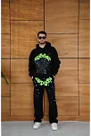 Erkek Kapüşonlu Eşofman Takım Örümcek Ağı Ve Neon Yeşil Baskılı Kanguru Cepli Oversize Rahat Kalıp, Premium Üç İplik Kumaş - Siyah