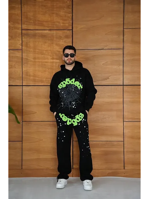 Erkek Kapüşonlu Eşofman Takım Örümcek Ağı Ve Neon Yeşil Baskılı Kanguru Cepli Oversize Rahat Kalıp, Premium Üç İplik Kumaş - Siyah