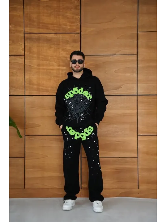Erkek Kapüşonlu Eşofman Takım Örümcek Ağı ve Neon Yeşil Baskılı Kanguru cepli Oversize Rahat Kalıp, Premium Üç İplik Kumaş - Siyah Erkek Kapüşonlu Eşofman Takım Örümcek Ağı ve Neon Yeşil Baskılı Kanguru cepli Oversize Rahat Kalıp, Premium Üç İplik Kumaş - Siyah