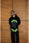 Erkek Kapüşonlu Eşofman Takım Örümcek Ağı Ve Neon Yeşil Baskılı Kanguru Cepli Oversize Rahat Kalıp, Premium Üç İplik Kumaş - Siyah