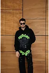 Erkek Kapüşonlu Eşofman Takım Örümcek Ağı Ve Neon Yeşil Baskılı Kanguru Cepli Oversize Rahat Kalıp, Premium Üç İplik Kumaş - Siyah