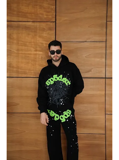 Erkek Kapüşonlu Eşofman Takım Örümcek Ağı Ve Neon Yeşil Baskılı Kanguru Cepli Oversize Rahat Kalıp, Premium Üç İplik Kumaş - Siyah
