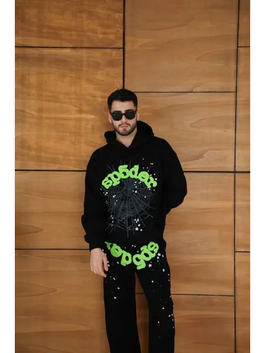 Erkek Kapüşonlu Eşofman Takım Örümcek Ağı ve Neon Yeşil Baskılı Kanguru cepli Oversize Rahat Kalıp, Premium Üç İplik Kumaş - Siyah Erkek Kapüşonlu Eşofman Takım Örümcek Ağı ve Neon Yeşil Baskılı Kanguru cepli Oversize Rahat Kalıp, Premium Üç İplik Kumaş - Siyah