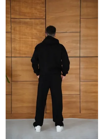 Erkek Kapüşonlu Eşofman Takım Örümcek Ağı ve Neon Yeşil Baskılı Kanguru cepli Oversize Rahat Kalıp, Premium Üç İplik Kumaş - Siyah