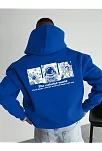Erkek Kapüşonlu Oversize Hoodie – Üç İplik Pamuklu, Astronot Temalı Renkli Dünya Baskılı, Kanguru Cepli Premium Sweatshirt - Saks Mavi