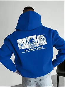 Erkek Kapüşonlu Oversize Hoodie – Üç İplik Pamuklu, Astronot Temalı Renkli Dünya Baskılı, Kanguru Cepli Premium Sweatshirt - Saks Mavi