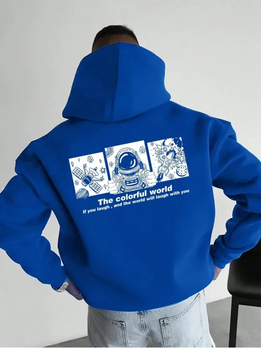 Erkek Kapüşonlu Oversize Hoodie – Üç İplik Pamuklu, Astronot Temalı Renkli Dünya Baskılı, Kanguru Cepli Premium Sweatshirt - Saks Mavi Erkek Kapüşonlu Oversize Hoodie – Üç İplik Pamuklu, Astronot Temalı Renkli Dünya Baskılı, Kanguru Cepli Premium Sweatshirt - Saks Mavi