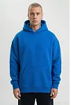 Erkek Kapüşonlu Oversize Hoodie – Üç İplik Pamuklu, Astronot Temalı Renkli Dünya Baskılı, Kanguru Cepli Premium Sweatshirt - Saks Mavi