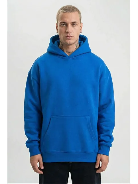 Erkek Kapüşonlu Oversize Hoodie – Üç İplik Pamuklu, Astronot Temalı Renkli Dünya Baskılı, Kanguru Cepli Premium Sweatshirt - Saks Mavi