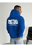 Erkek Kapüşonlu Oversize Hoodie – Üç İplik Pamuklu, Astronot Temalı Renkli Dünya Baskılı, Kanguru Cepli Premium Sweatshirt - Saks Mavi