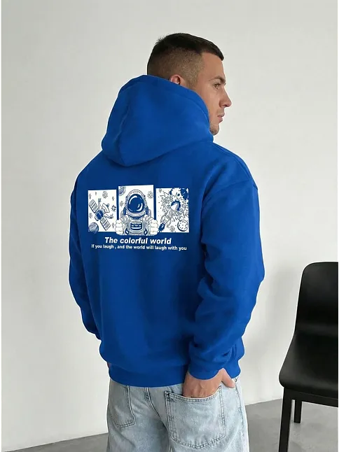 Erkek Kapüşonlu Oversize Hoodie – Üç İplik Pamuklu, Astronot Temalı Renkli Dünya Baskılı, Kanguru Cepli Premium Sweatshirt - Saks Mavi