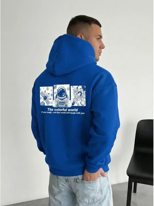 Erkek Kapüşonlu Oversize Hoodie – Üç İplik Pamuklu, Astronot Temalı Renkli Dünya Baskılı, Kanguru Cepli Premium Sweatshirt - Saks Mavi Erkek Kapüşonlu Oversize Hoodie – Üç İplik Pamuklu, Astronot Temalı Renkli Dünya Baskılı, Kanguru Cepli Premium Sweatshirt - Saks Mavi
