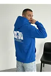 Erkek Kapüşonlu Oversize Hoodie – Üç İplik Pamuklu, Astronot Temalı Renkli Dünya Baskılı, Kanguru Cepli Premium Sweatshirt - Saks Mavi