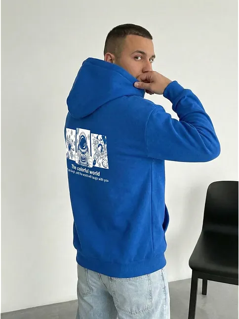Erkek Kapüşonlu Oversize Hoodie – Üç İplik Pamuklu, Astronot Temalı Renkli Dünya Baskılı, Kanguru Cepli Premium Sweatshirt - Saks Mavi