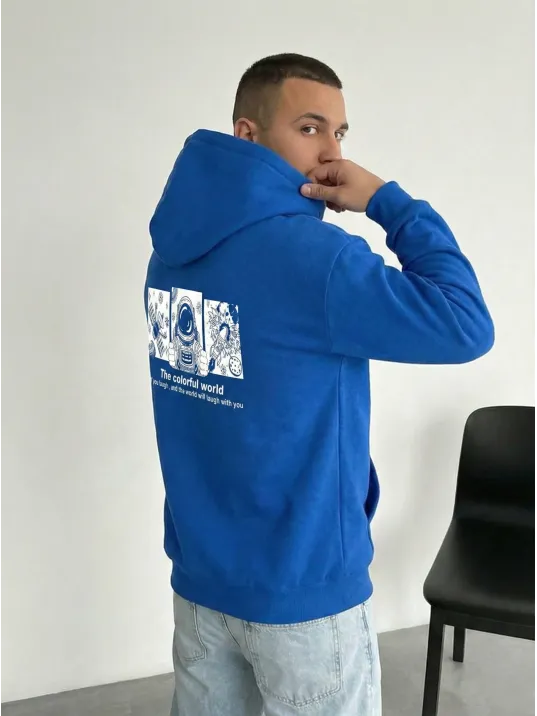Erkek Kapüşonlu Oversize Hoodie – Üç İplik Pamuklu, Astronot Temalı Renkli Dünya Baskılı, Kanguru Cepli Premium Sweatshirt - Saks Mavi Erkek Kapüşonlu Oversize Hoodie – Üç İplik Pamuklu, Astronot Temalı Renkli Dünya Baskılı, Kanguru Cepli Premium Sweatshirt - Saks Mavi